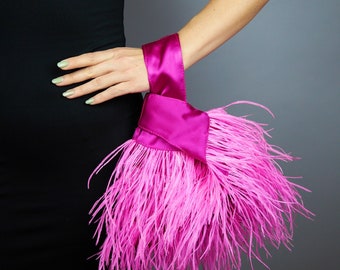 Fuchsia Japanese knot bag feathers purse pink clutch fuchsia ostrich feathers bag feathers clutch party bag bridal bag feathers bag