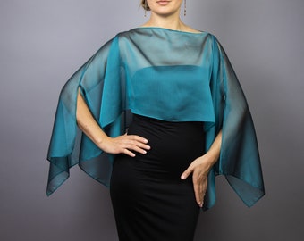 Peacock teal chiffon capelet wrap shrug wedding dress, luxury black evening shrug, evening capelet, shoulder cape, peacock shawl