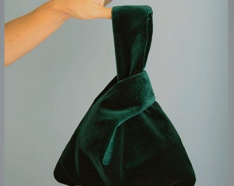 Japanese knot bag purse clutch green velvet wedding , party ,special occasion, simple and elegant bag ,  evening dress , green prom purse