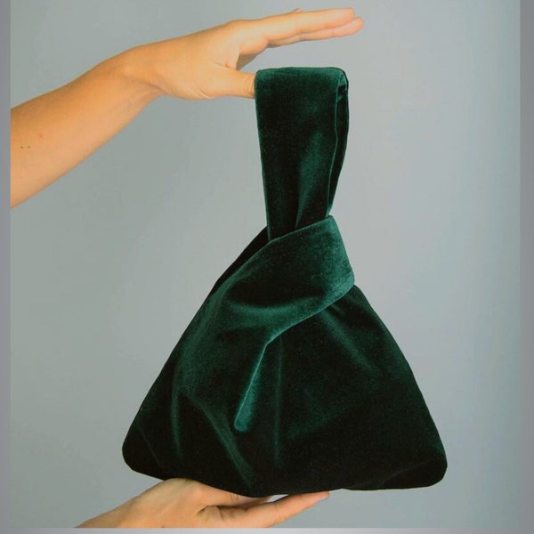 Japanese knot bag purse clutch green velvet wedding , party ,special occasion, simple and elegant bag ,  evening dress , green prom purse