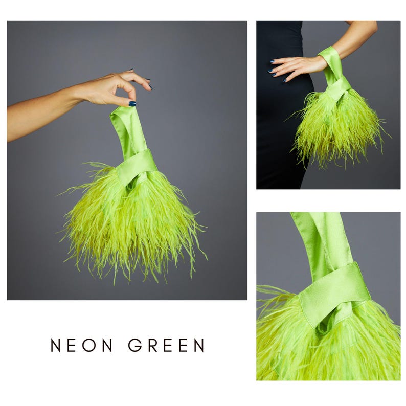 May include: A neon green clutch bag with a satin handle and a fluffy feather design. The bag is a bright, eye-catching accessory. The text "NEON GREEN" is at the bottom of the image.