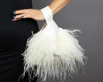Ivory cream Japanese knot bag feathers purse clutch neon green or fuchsia or black, wedding, party, party bag, satin, prom, feathers clutch