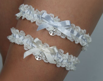 Juego de liga de marfil con ancla, liga de novia, liga de boda, liga de lanzamiento, recuerdo, liga de graduación, liga de marfil blanquecino, ancla plateada