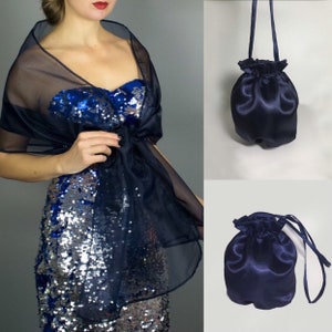 Organza wrap shawl+matching bag bolero Winter wedding shrug elegant accessory 200 cm Navy Blue night blue silk organza