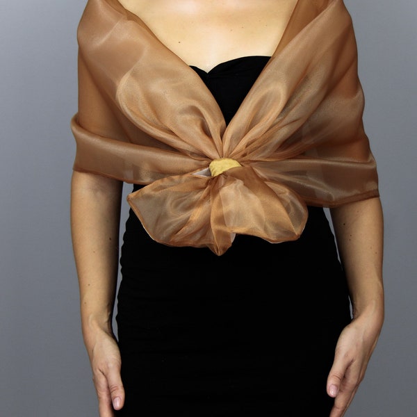 2 sided brown bronze ginger copper almond organza wrap shawl evening wear wedding shrug wedding dress , comunion , party , organza wrapon