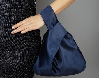 Japanese knot bag purse navy blue , satin, party bag , simple and elegant bag ,  evening dress , navy blue bag , navy blue purse