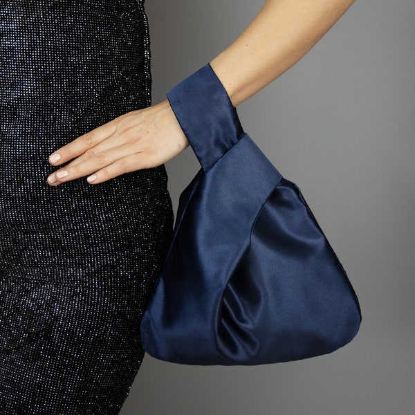 Sac à main noeud japonais bleu marine, satin, sac de fête, sac simple et élégant, robe de soirée, sac bleu marine, sac à main bleu marine