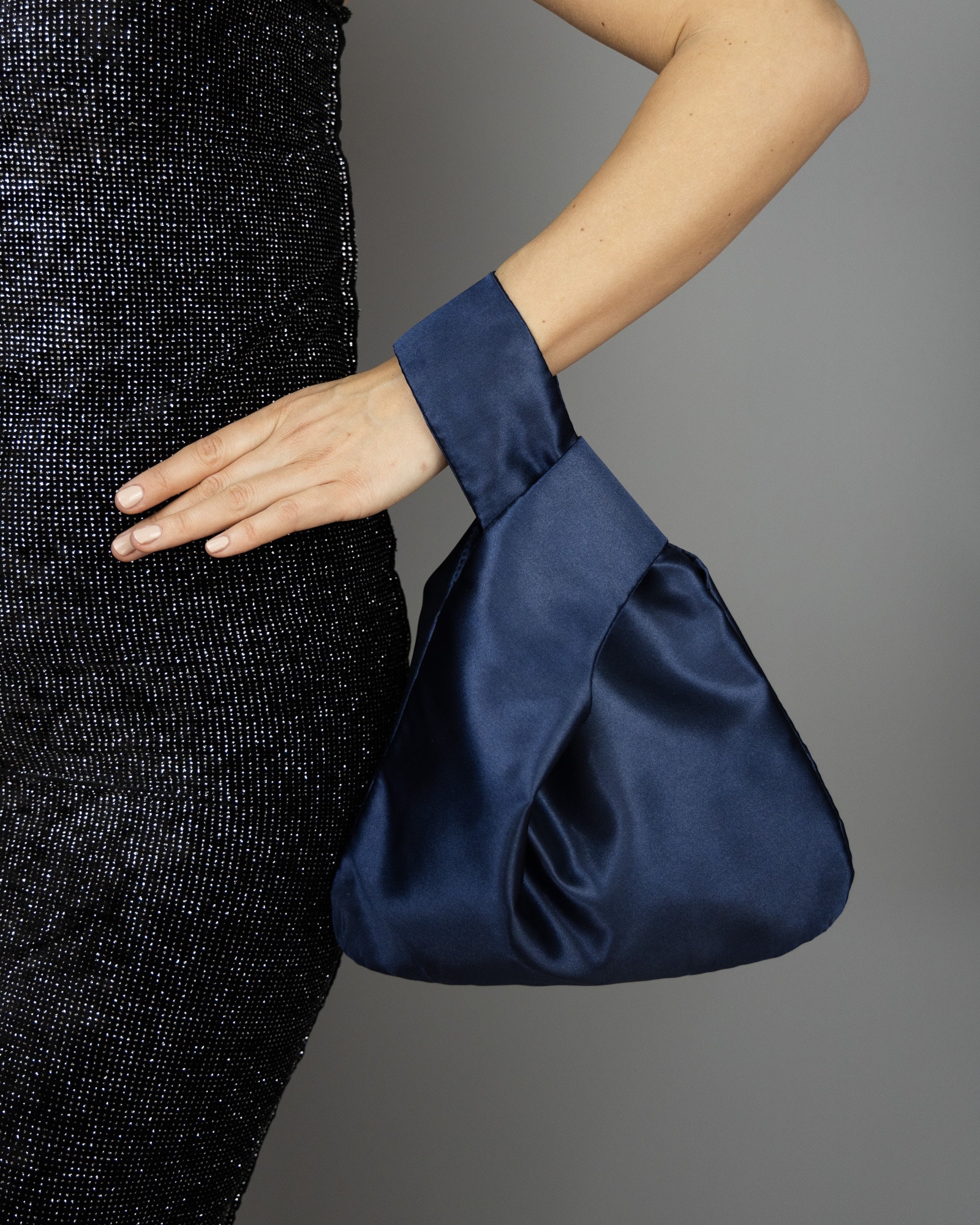 Japanese Knot Bag Purse Navy Blue Satin Party Bag Simple 