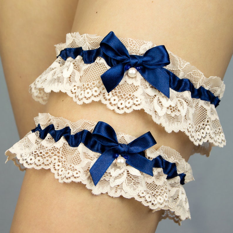 Bridal Set 2x garter Tossing garter for your wedding hen night lace champagne beige ivory navy blue bridal gift