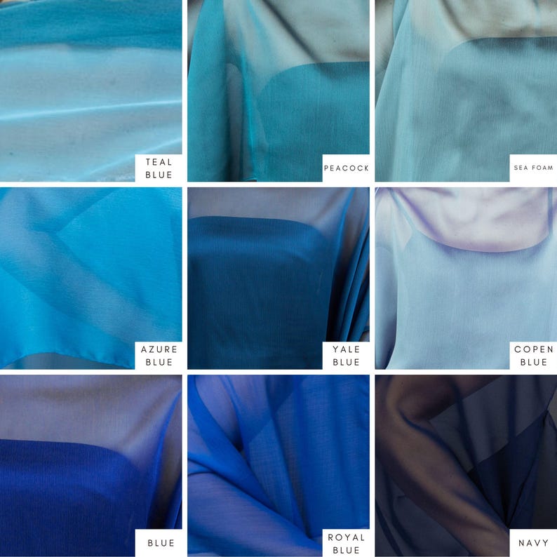 May include: A selection of sheer fabric swatches in shades of blue. Colours include teal, peacock, sea foam, azure, Yale blue, Copen blue, blue, royal blue, and navy. Each swatch is labelled with its colour name.
