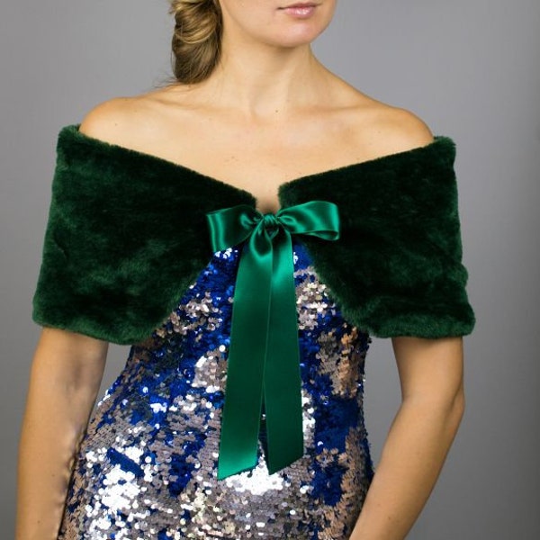 Faux fur shawls wrap cape green/ pine lining satin green forest green grass emerald fur bolero shrug bridal shawl available with muff