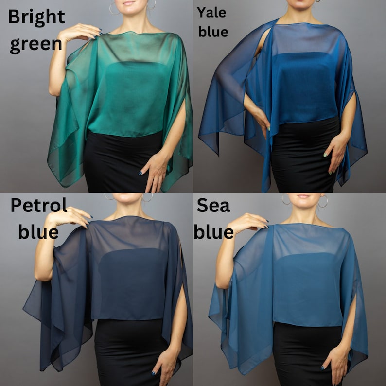 May include: Four sheer chiffon shawls in different colors: bright green, yale blue, petrol blue, and sea blue. The shawls are draped over a model's shoulders and are made of a lightweight, flowing fabric.