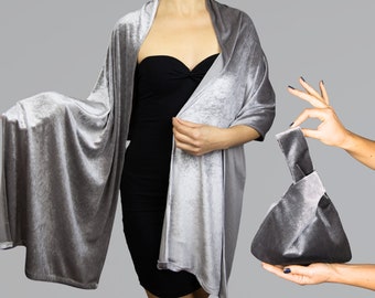 Grey velvet wrap and bag shawl scarf wedding shrug velvet scarf brown cinnamon, velvet navy matching set, green velvet, black, gold velvet