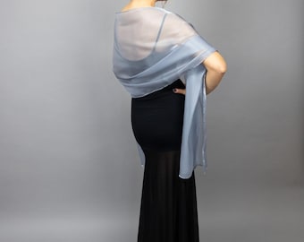Sciarpa in organza di cristallo grigio chiaro, stola trasparente e lucida, sciarpa da damigella d'onore, elegante coprispalle da sera, stola da sposa argento