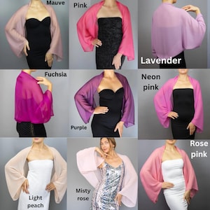May include: Nine different colors of sheer chiffon shawls with long sleeves. The colors are mauve, pink, lavender, fuchsia, purple, neon pink, light peach, misty rose, and rose pink.