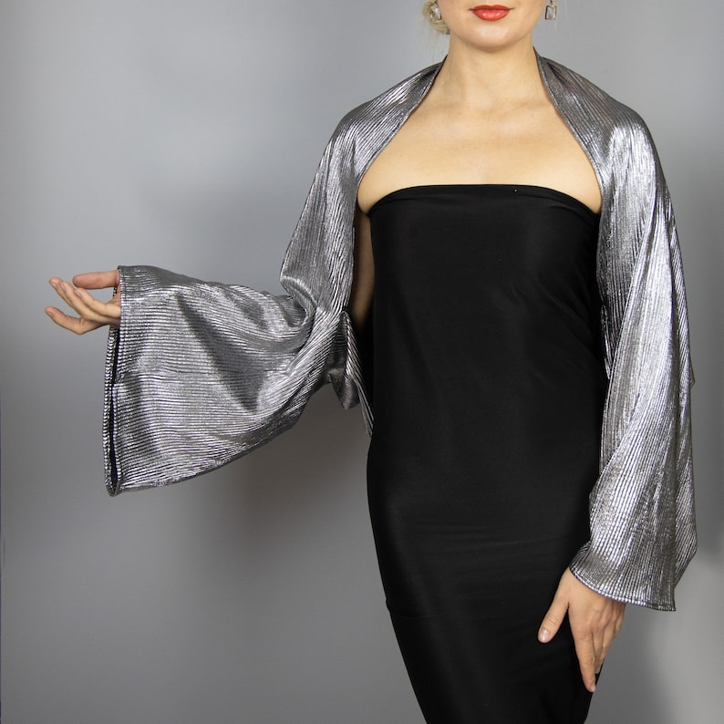 Silver grey metallic stretch sleeves capelet wrap shrug wedding dress, luxury black evening shrug , evening capelet, shoulder cape , jacket image 2