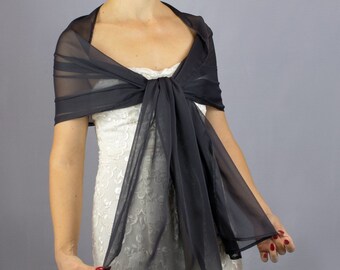 Charcoal grey black chiffon stole shawl wrap shrug wedding dress, 200 cm x 45 cm , finest chiffon , easy to adjust to any style n18