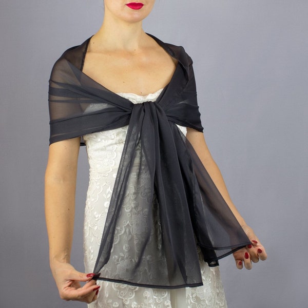 Charcoal grey black chiffon stole shawl wrap shrug wedding dress, 200 cm x 45 cm , finest chiffon , easy to adjust to any style n18