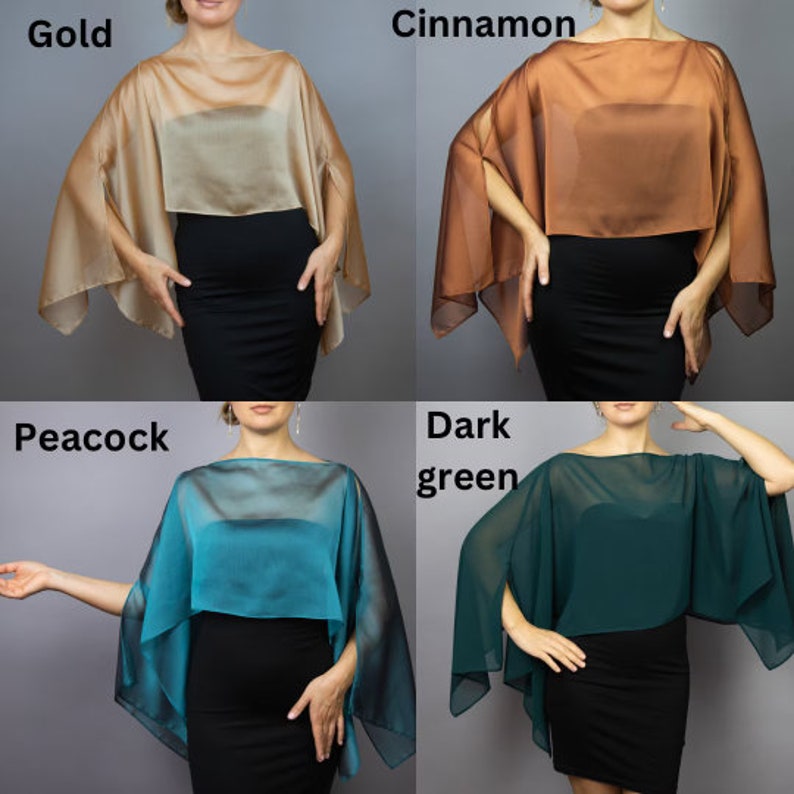 May include: Four sheer chiffon shawls in different colors: gold, cinnamon, peacock, and dark green. The shawls are draped over a model's shoulders and are made of a lightweight, flowing fabric.