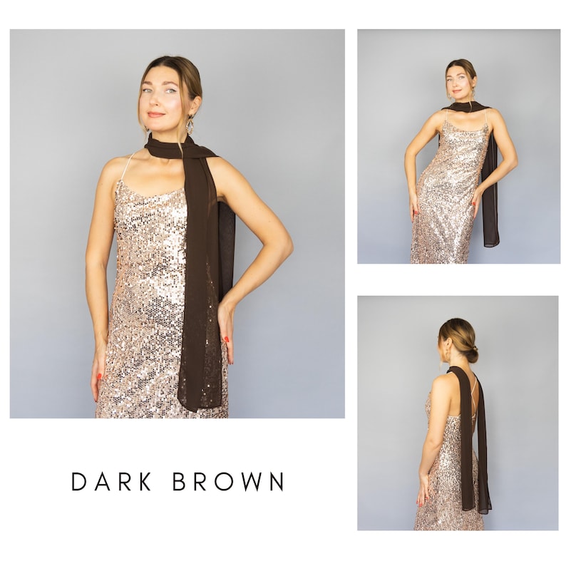 May include: A dark brown scarf draped over a sequined gold dress. The image shows a woman wearing the scarf and dress in multiple poses. The text "DARK BROWN" is at the bottom of the image.