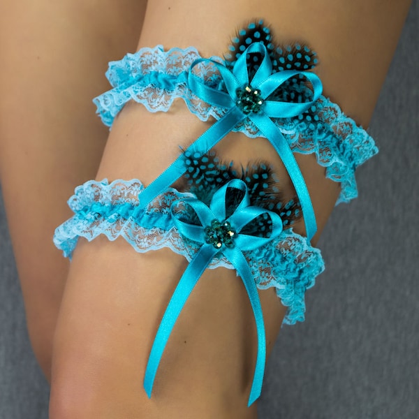 Ensemble de 2 jarretières / jarretières pour votre mariage, occasion spéciale Paon sarcelle perles bleu turquoise, jarretière de bal