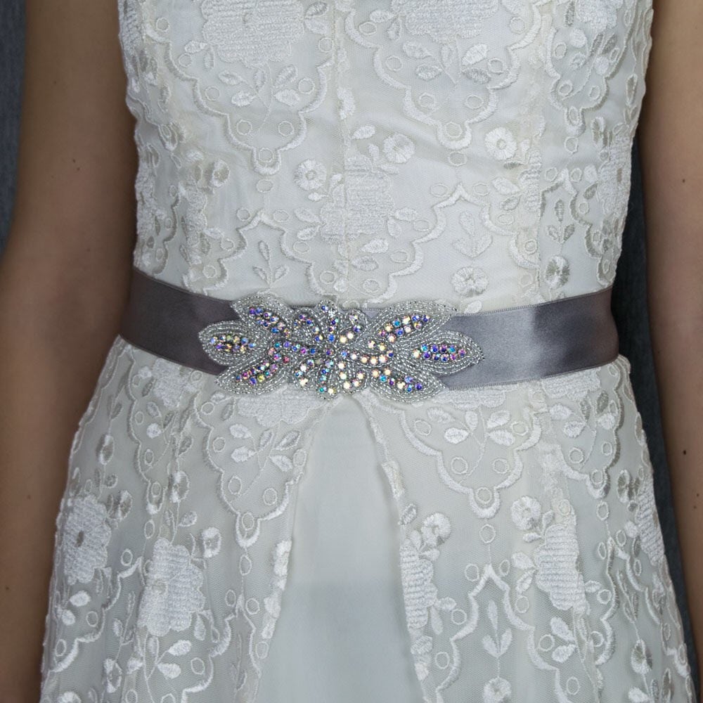 Faja cinturon para vestido de novia boda saten gris plata strass 2