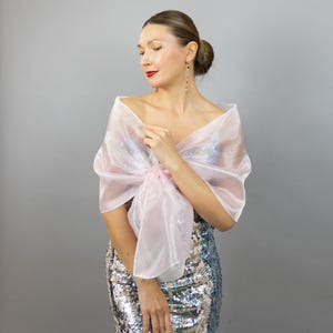 May include: A light pink, sheer shawl draped over the shoulders. The shawl is tied in a bow at the front. The model is wearing a sequined mini-skirt. The background is a solid gray.