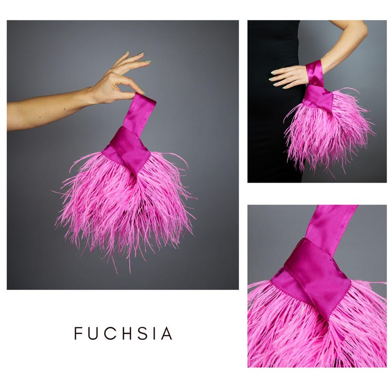 May include: A vibrant fuchsia clutch bag featuring a satin handle and a decorative feather trim. The bag is displayed in multiple views, with the word "FUCHSIA" printed in white at the bottom. The bag is held by a hand.