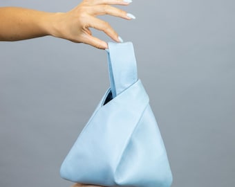Light Blue Leather Japanese Knot Bag, Light Blue Wristlet Purse, Soft Sheepskin Slouchy Handbag, Pastel Blue Pouch, Handmade Leather Clutch
