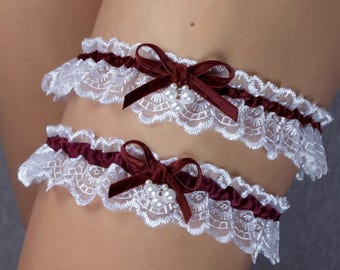 Ensemble de 2 jarretières en velours pour votre mariage, ou tout simplement occasion spéciale dentelle organza sarcelle bleu bordeaux bordo vin rouge lancer jarretière