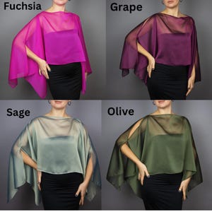 May include: Four sheer chiffon shawls in different colors: fuchsia, grape, sage, and olive. The shawls are draped over models and have a loose, flowing fit.