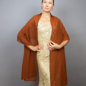 May include: A rust-colored chiffon shawl draped over a woman's shoulders. The shawl is sheer and lightweight, with a soft, flowing drape. It is a versatile accessory that can be worn for a variety of occasions.