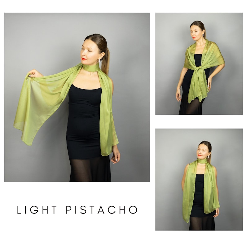 May include: A light pistachio-coloured scarf is draped around a person's neck and shoulders. The scarf is made of a lightweight, flowing fabric. The text "LIGHT PISTACHO" is displayed at the bottom of the image.