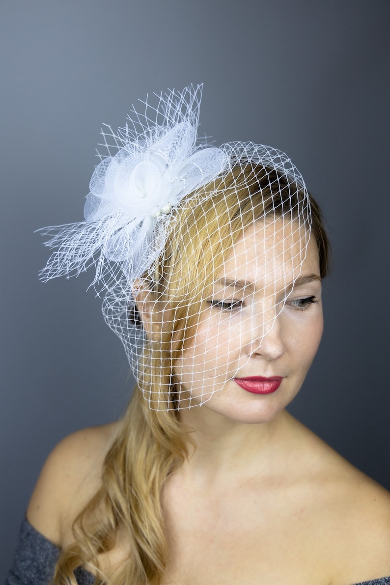 couture and classical bridal veil white birdcage headpiece headband or clip couture bride Birdcage veil russian veil elegant