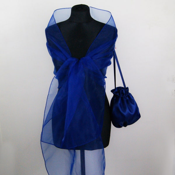 Organza wrap châle et sac à main assorti mariage haussement d’épaules accessoire élégant 200 cm Bleu Royal Bleu foncé