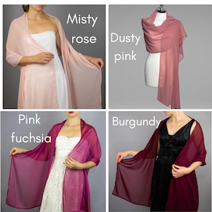May include: Four different colored chiffon scarves, shown draped over mannequins and a person. The colors are Misty Rose, Dusty Pink, Pink Fuchsia, and Burgundy.