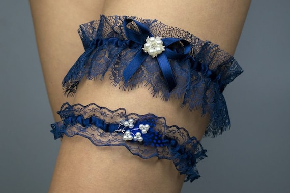 Rhinestone Garter Belt Set for Your Wedding Hen Night Out Special Occasion  Navy Blue Lace Bachelorette Gift Bridal Gift Handmade