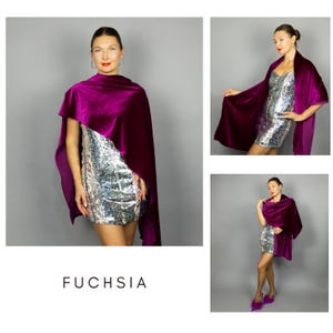 May include: A fuchsia-colored velvet shawl draped over a silver sequined dress. The image shows the shawl in multiple poses, highlighting its flowing design. The word "FUCHSIA" is printed in white at the bottom of the image.