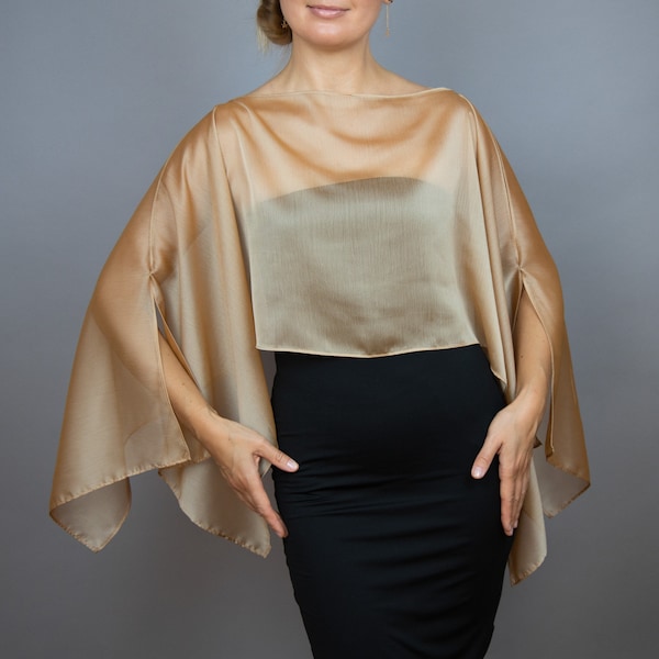 Gold chiffon capelet wrap shrug wedding dress, luxury black evening shrug, evening capelet, shoulder cape, colors available