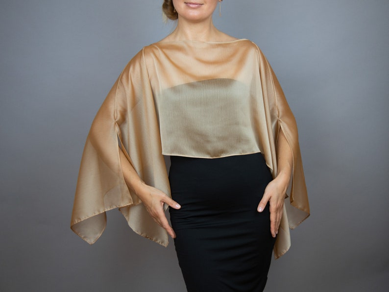 Robe de mariée capeline en mousseline de soie dorée, haussement d'épaules de luxe noir, cape de soirée, cape d'épaule, couleurs disponibles Or