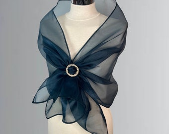 Luxury Organza wrap shawl bolero with a buckle wedding in blue green or other colors, woman organza wrap, deep green shrug, woman scarf