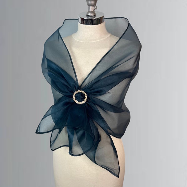 Luxury Organza wrap shawl bolero with a buckle wedding in blue green or other colors, woman organza wrap, deep green shrug, woman scarf