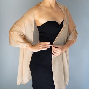 Puede incluir: Una mujer lleva un vestido negro sin tirantes con una estola beige transparente drapeada sobre sus hombros. La estola est&aacute; atada en la parte delantera y los extremos cuelgan.