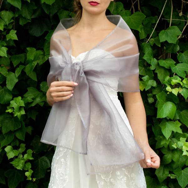 Organza omslagdoek zomer lente bruiloft schouderophalen elegant accessoire 200 cm zilvergrijs luxe satijnen stof trouwjurk, communie