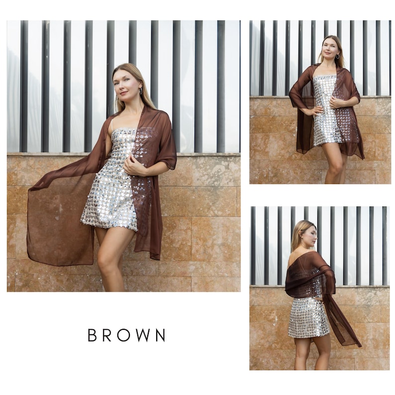 May include: A brown sheer shawl worn with a silver sequined mini dress. The dress is sleeveless. The word "BROWN" is displayed in white block letters at the bottom of the image. The background features a wall and vertical metal bars.