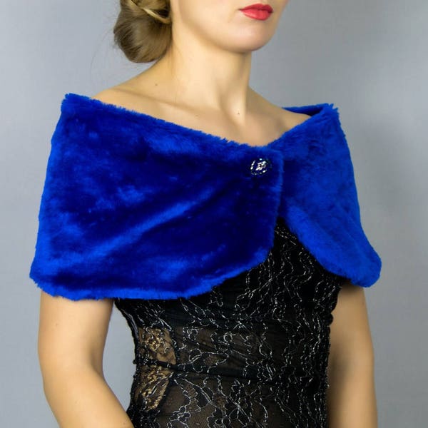 Minx fausse fourrure custom wrap châle mariage d’hiver haussement d’épaules marine bleu électrique communion doublure satin très chaud idéal pour la mariée