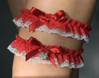 Garter Set tossing garter bridal garter red garter Betty Boop garter red black satin garter scarlet red Love Charm San Valentine anniversary