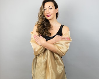 Gold Organza Wrap Shawl, Large Sheer Scarf, Plus Size Wedding Shrug, Bridesmaid Wrap, Evening Shawl