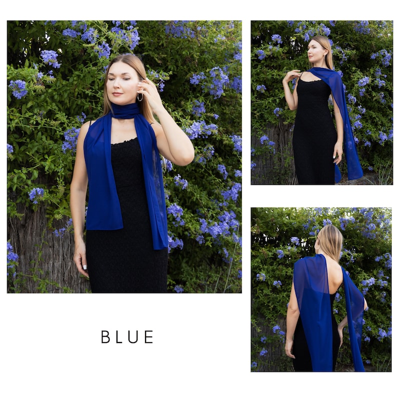 May include: A three-panel image showcasing a blue scarf and cape. The scarf is draped around the neck and shoulders. The cape drapes over the shoulders and arms. The word "BLUE" is at the bottom of the image. The background is a bush with blue flowers.
