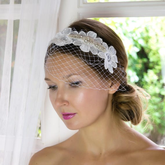 couture and classical bridal veil white birdcage headpiece headband or clip couture bride Birdcage veil russian veil elegant